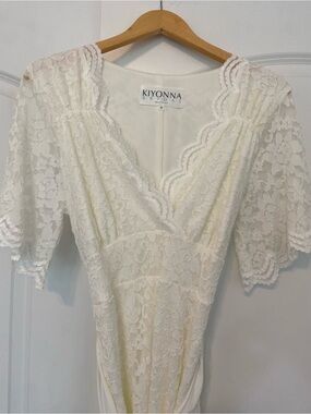 Kiyonna Bridal Dress Midi Size 0X Large Ivory Lace Day Dress Short Sleeves 10/12
